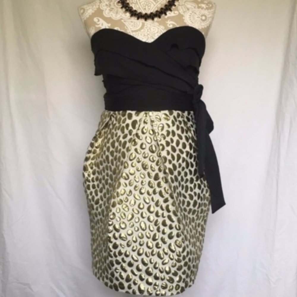 Aryn K // Gold Polka Dot Strapless Dress L dr1